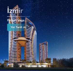 Izmir Folkart Vega gökdeleni gece manzarası – Modern mimari tasarım, İzmir emlak projeleri.
